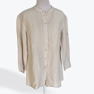 Kasper Sportswear Beige Linen Blend Pintuck Mandarin Collar Roll Tab Blouse 8